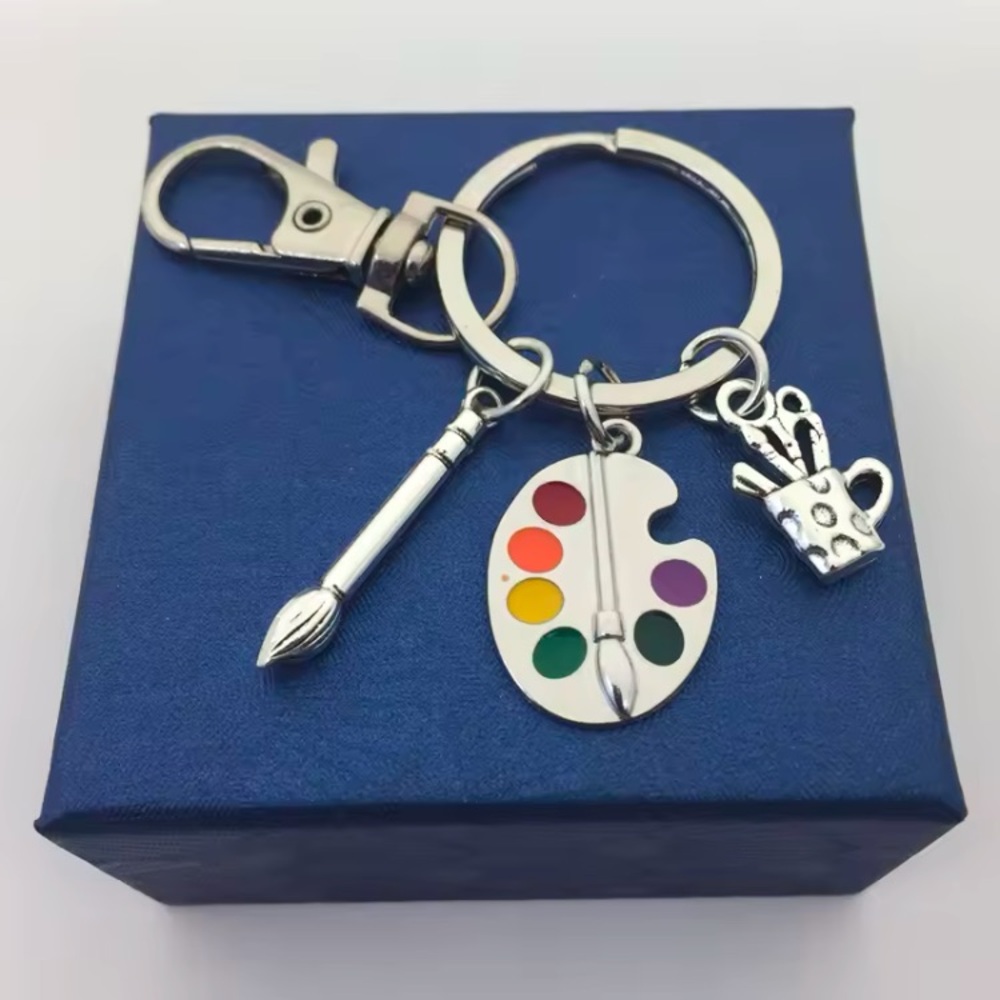 Artist Palette Brush Keychain Silver Tone Paint Painter Art Multi Coloured